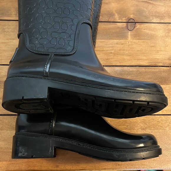 Coach Jacquard C Laced Up Back Bow Heeled Black Tall Rainboots Women's Size 6 - Picture 9 of 11